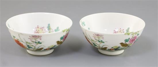 A pair of Chinese famille rose bowls, Xuantong mark and possibly of the period, D. 11.2cm